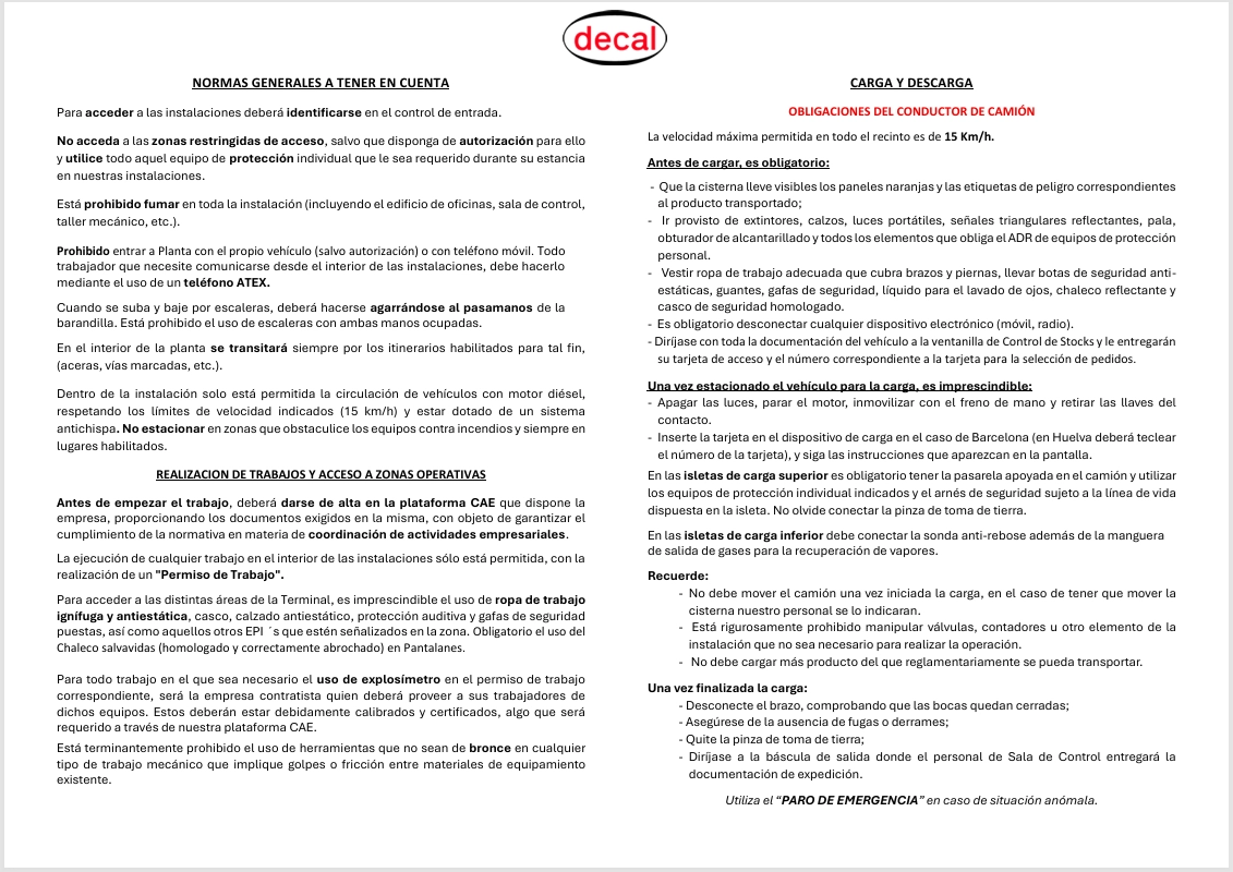 Normas generales a tener en cuenta / Carga y Descarga de vehículos