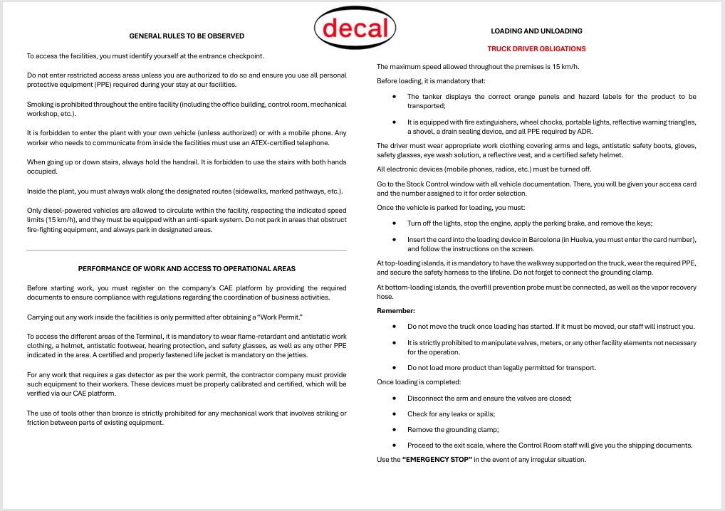 General rules and vehicle loading/unloading procedures