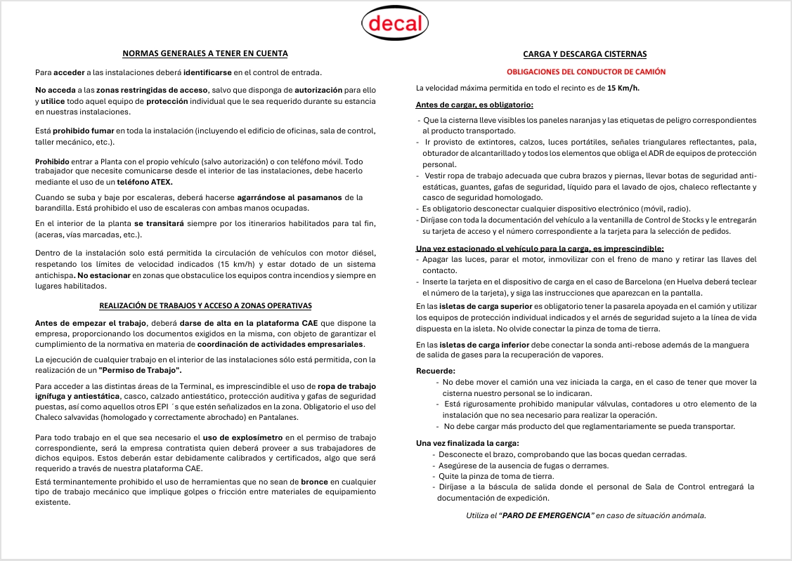 Normas generales a tener en cuenta / Carga y Descarga de vehículos
